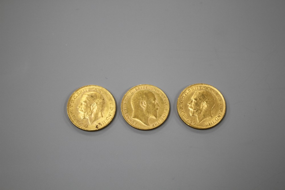 Three early 20th century gold full sovereigns, 1910,1911 & 1912.